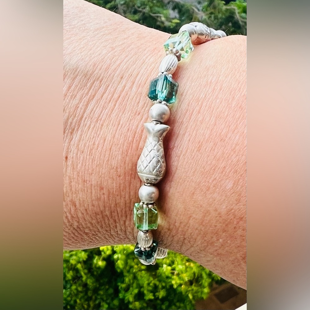 Fun Green Swarovski Crystal & Sterling Silver Fish Bracelet